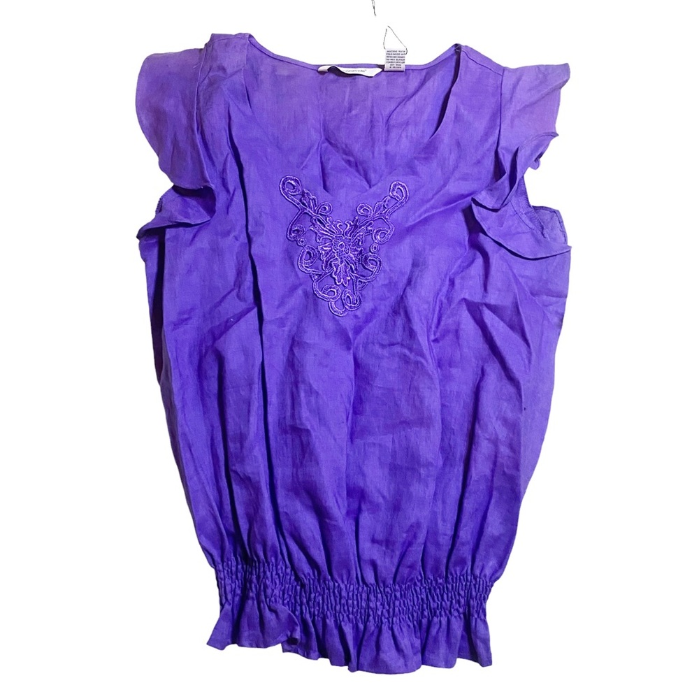 Richard Malcolm 100% Linen Blouse Purple Print Short Sleeves Size L.